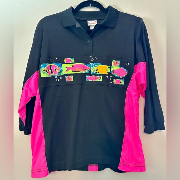 90s Bay Club Unisex Neon Pink/Black Collared Pullover SweatShirt, Tropical Fish - Picture 1 of 4